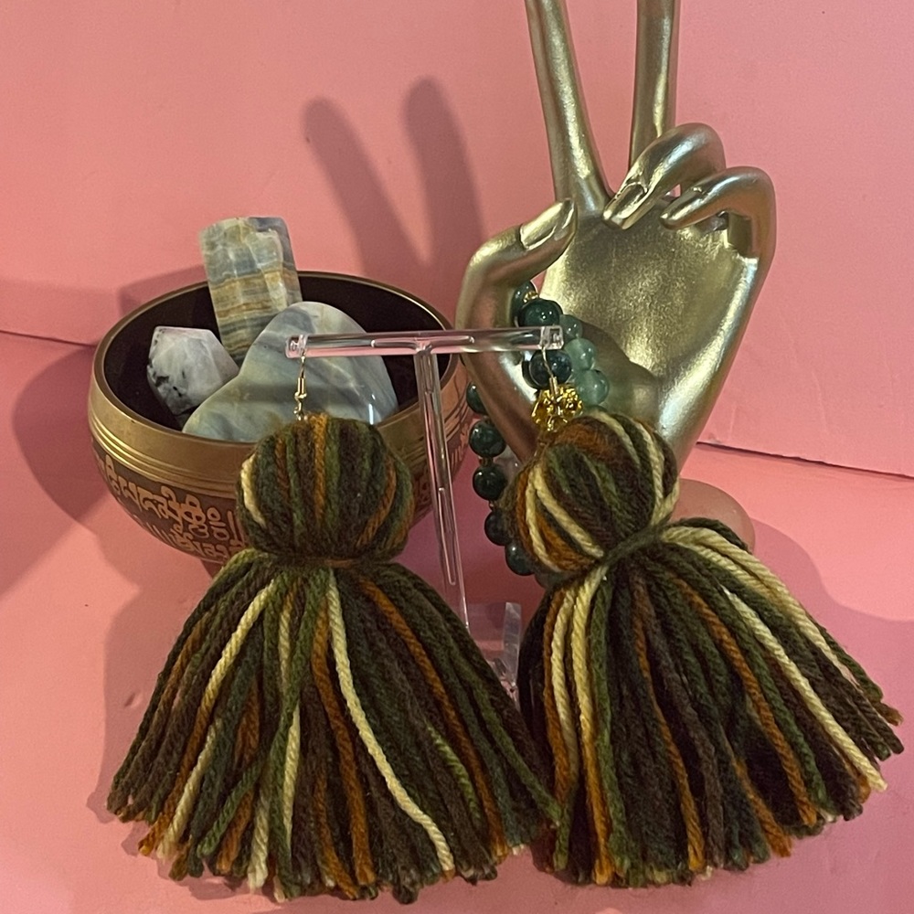 NEW Bohemian FALL Crochet Tassel dangle brown black-owned army green earrings